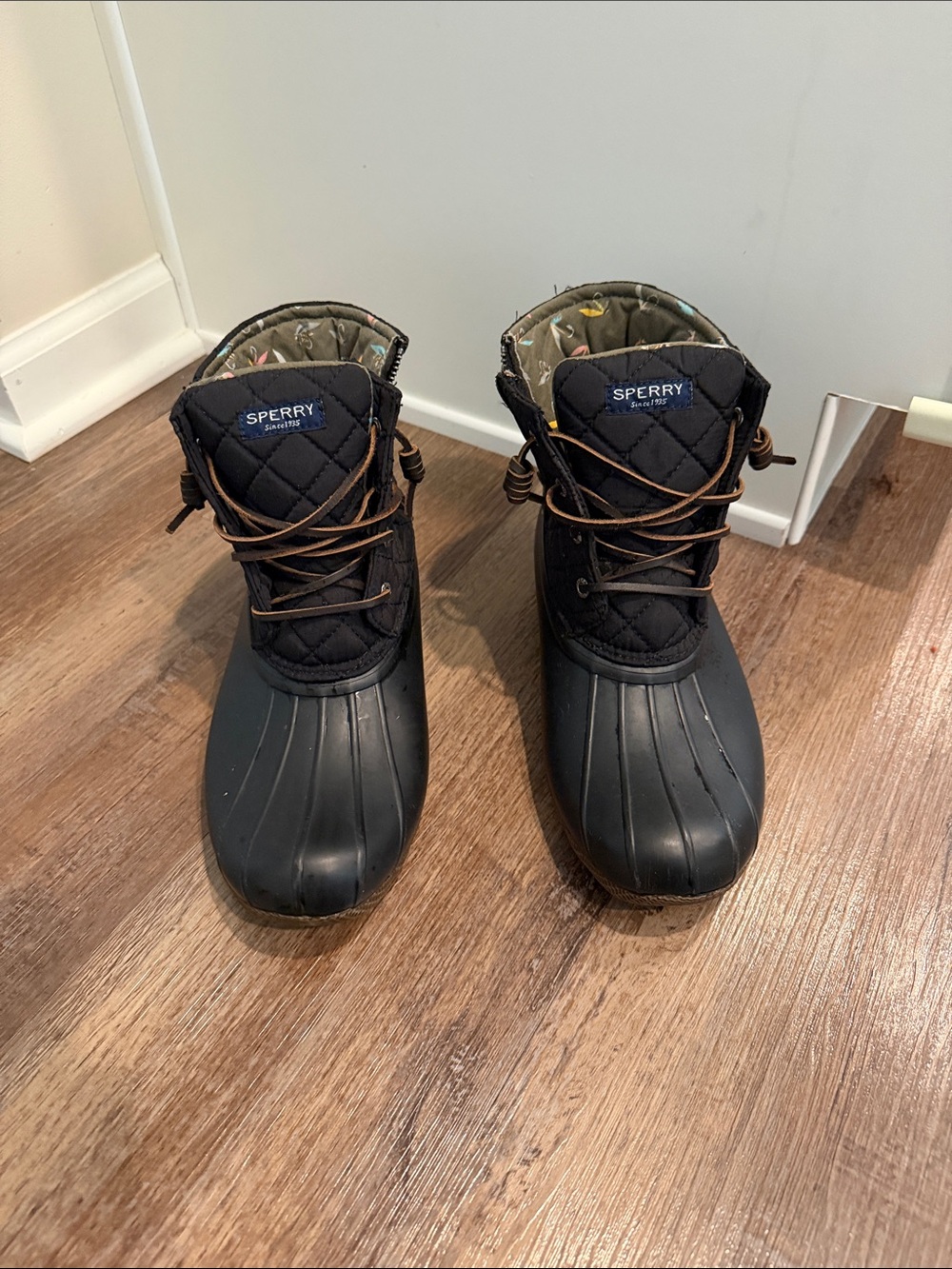 Sperry Black Quilted Duck Boots with Brown Laces